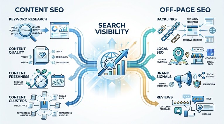 SEO content and off-page checklist showing keyword research, content quality, backlinks, local SEO, and brand signals 