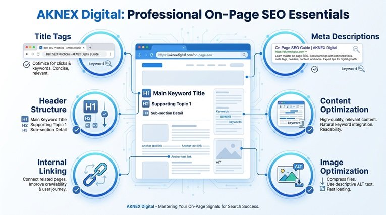 On-page SEO checklist showing title tags, meta descriptions, headings, content optimization, internal links, and images 