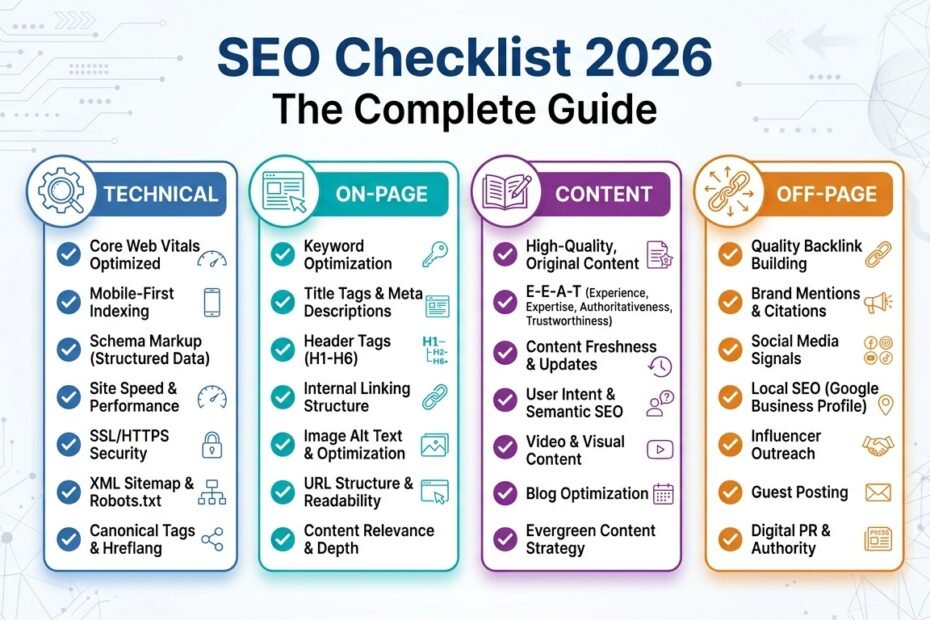 SEO checklist 2026, a complete guide covering technical SEO, on-page optimization, content, and link building