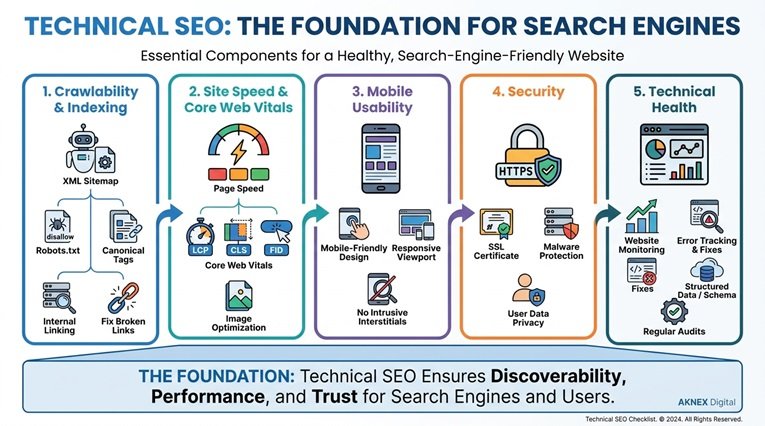 Technical SEO checklist showing crawlability, indexing, site speed, mobile usability, and security